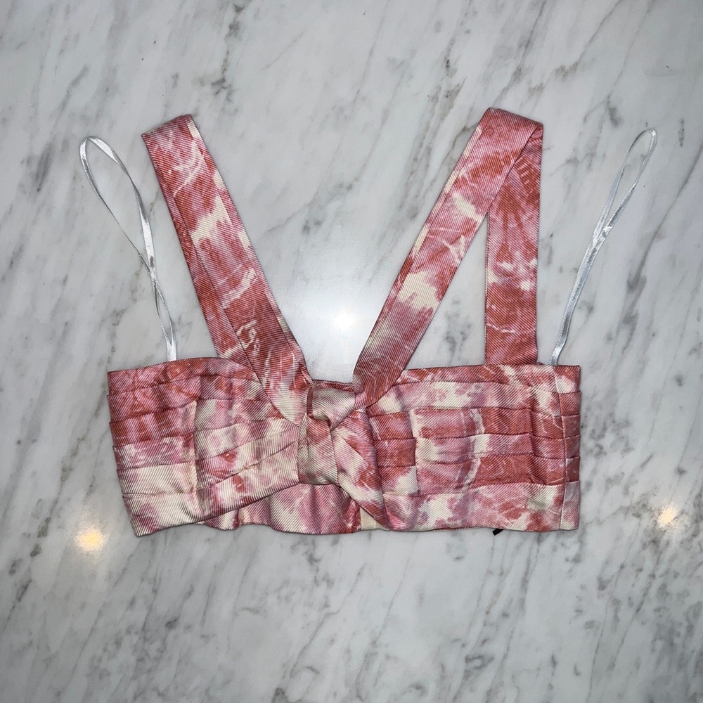 Zimmermann Pink and Cream Tie-Front Crop Top